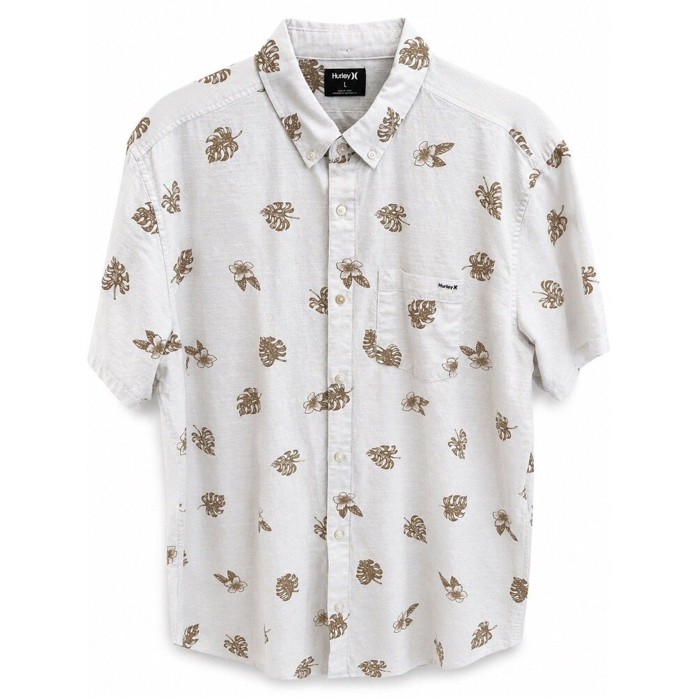 Hurley Men's Tropical Hawaiian Button Up Shirt White Brown Leaf Floral L